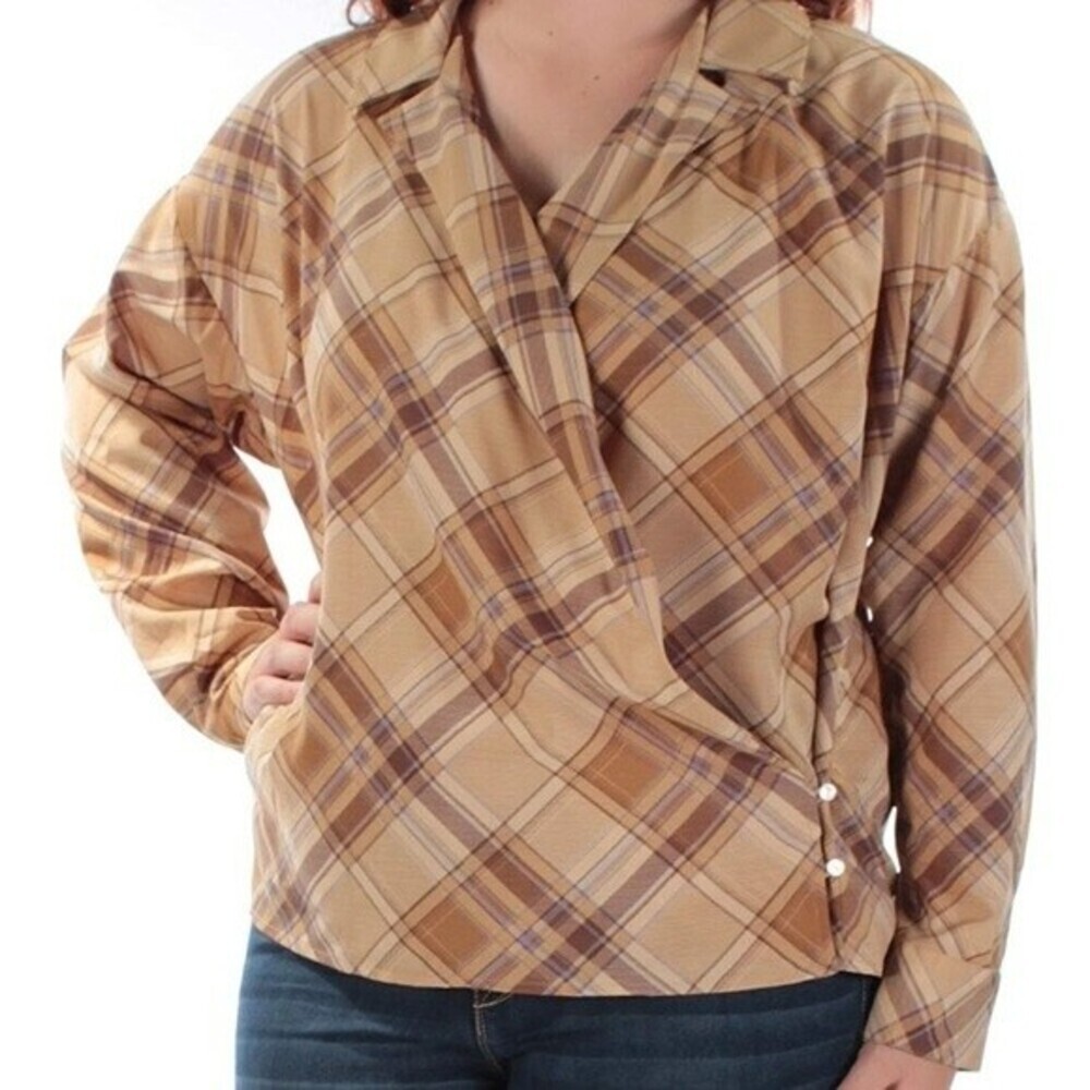 Lauren Ralph Lauren Tan Blue Plaid Wrap Plaid Blouse Womens 1X Long Sleeve